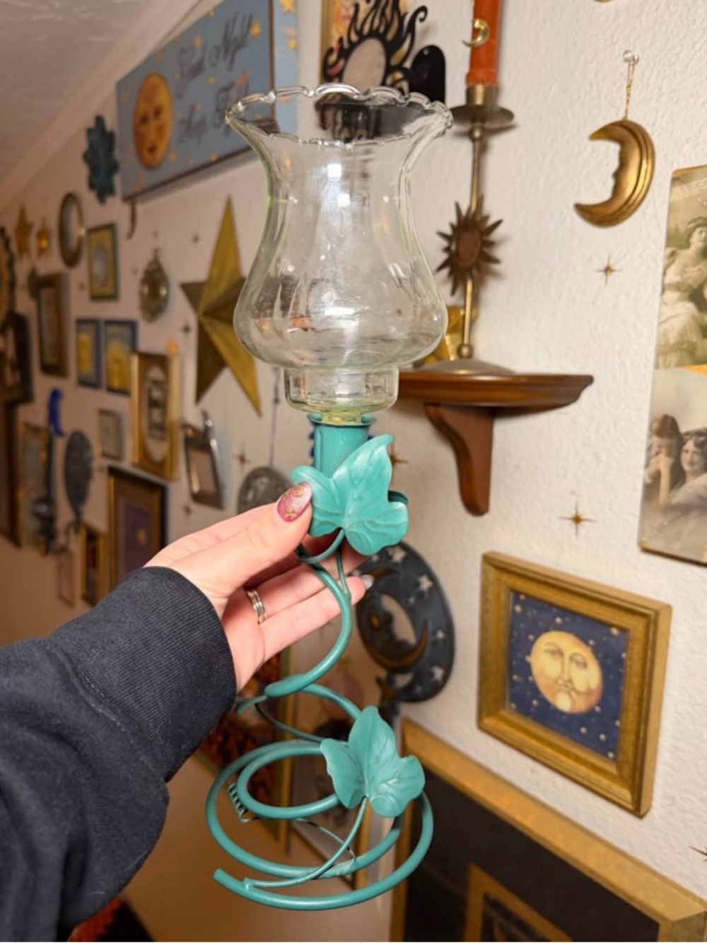 Whimsy Teal Leaf Metal Candle Holder